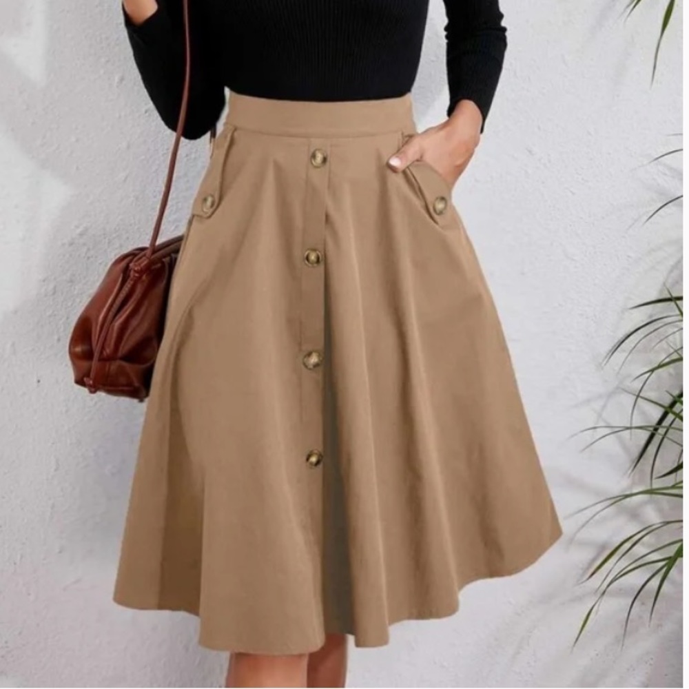 Classic Burnt Orange  Button Detail Pocket Midi Skirt Work - Picture 7 of 16